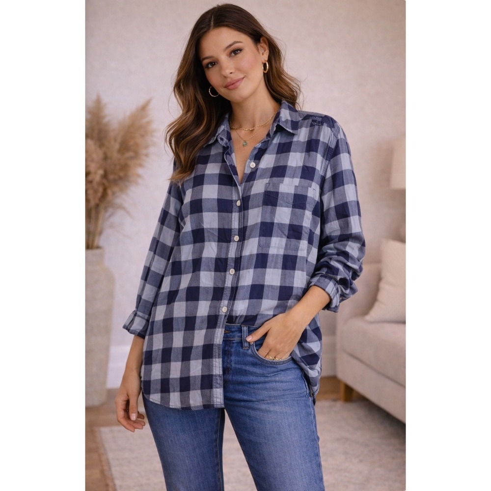 Eddie Bauer Womens XL Blue Buffalo Plaid Button Down Long Sleeve Flannel Shirt